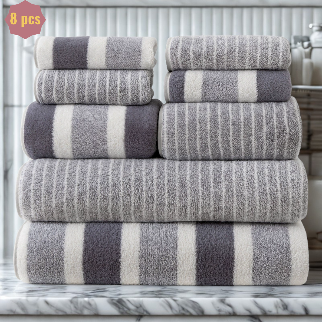 8 pcs Striped Pattern Bath Towel Set